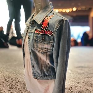 Blue Denim  Distressed Jean Jacket with Playboy Applique | size S